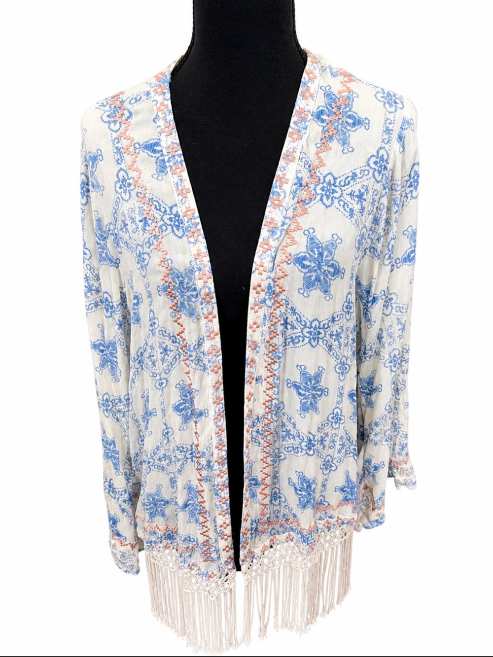 Sugarlips Blue Floral Fringe Kimono Cardigan Open Front Rayon Large